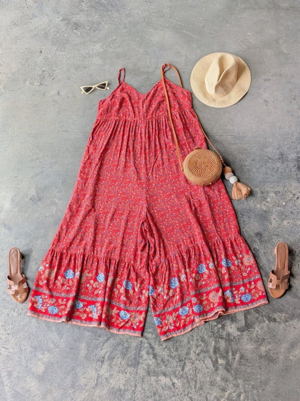 Natural Life Jamie Jumpsuit Red Floral Wide Leg Palazzo One Piece large NWT